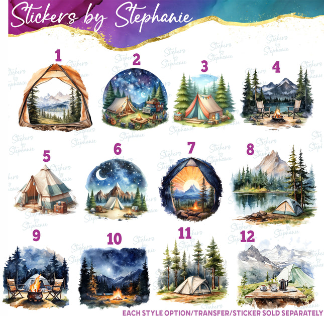 (s02-199) Tent Camping Mountains Landscape Graphic Iron-On Transfer or Sticker