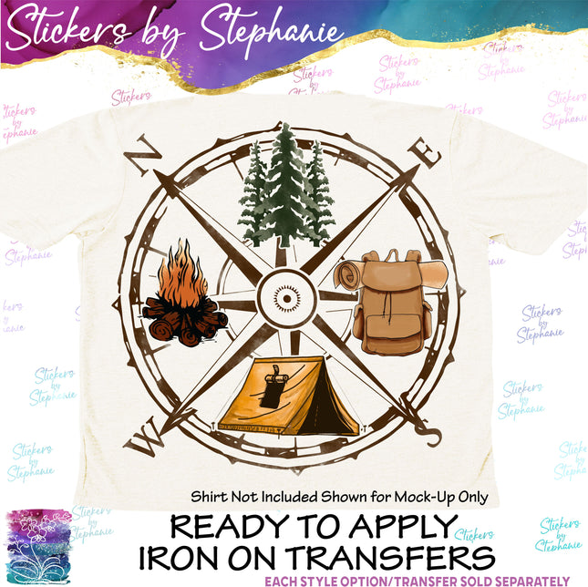 (s02-020) Camping Backpack Compass Watercolor Graphic Iron-On Transfer or Sticker