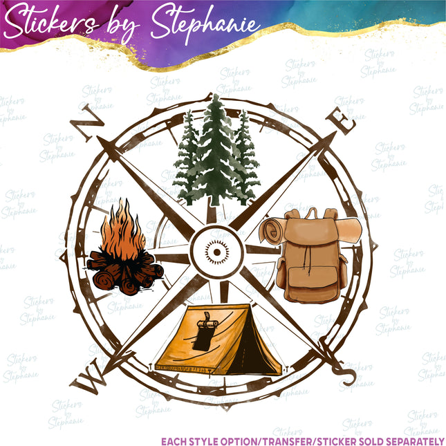 (s02-020) Camping Backpack Compass Watercolor Graphic Iron-On Transfer or Sticker