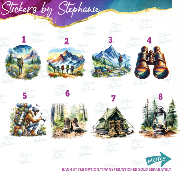 (s02-200) Hiking Backpacking Graphic Iron-On Transfer or Sticker