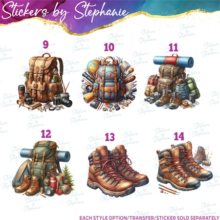 (s02-200) Hiking Backpacking Graphic Iron-On Transfer or Sticker