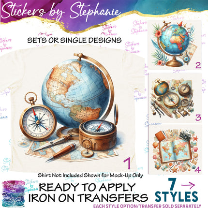 (s02-201) Globe Compass World Map Graphic Iron-On Transfer or Sticker