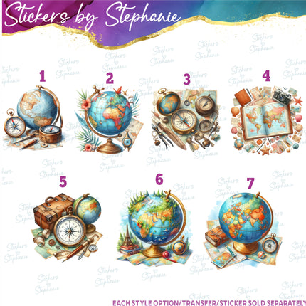 (s02-201) Globe Compass World Map Graphic Iron-On Transfer or Sticker