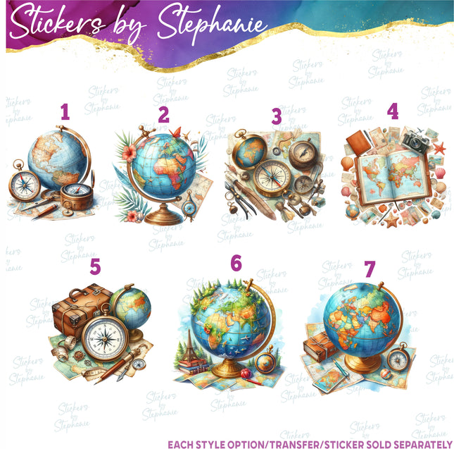(s02-201) Globe Compass World Map Graphic Iron-On Transfer or Sticker