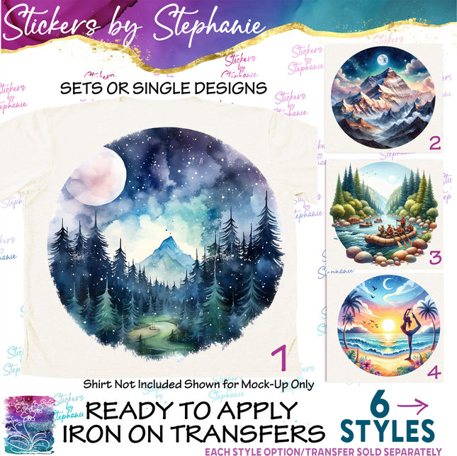 (s02-204) Mountains River Beach Landscape Graphic Iron-On Transfer or Sticker