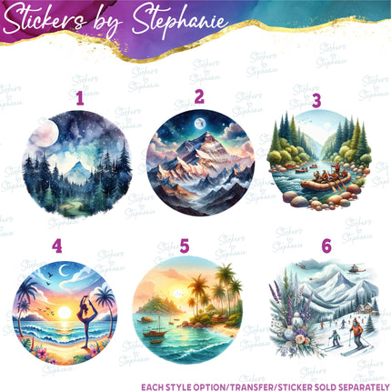 (s02-204) Mountains River Beach Landscape Graphic Iron-On Transfer or Sticker