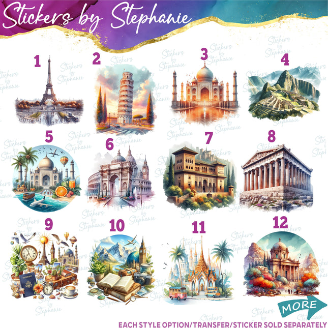 (s02-205) Travel World Landmarks Graphic Iron-On Transfer or Sticker