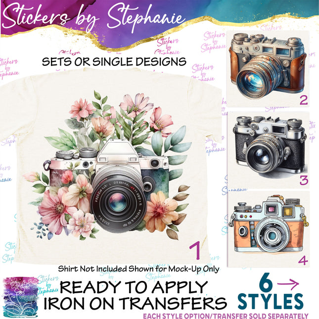 (s02-206) Vintage Camera Flowers Graphic Iron-On Transfer or Sticker