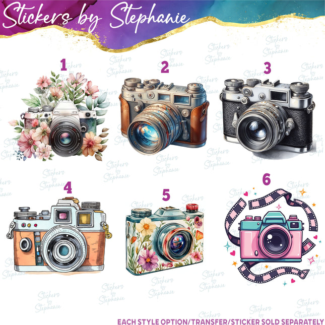 (s02-206) Vintage Camera Flowers Graphic Iron-On Transfer or Sticker