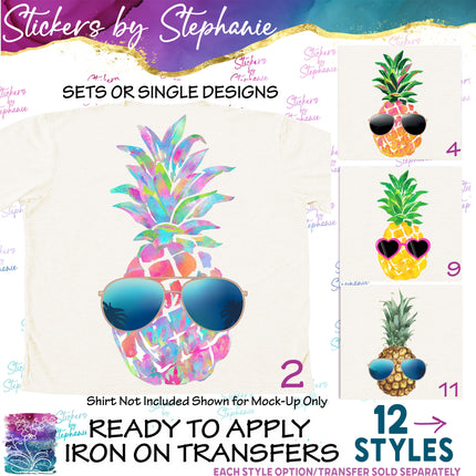 (s02-209) Tropical Watercolor Pineapple Sunglasses Graphic Iron-On Transfer