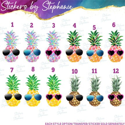 (s02-209) Tropical Watercolor Pineapple Sunglasses Graphic Iron-On Transfer