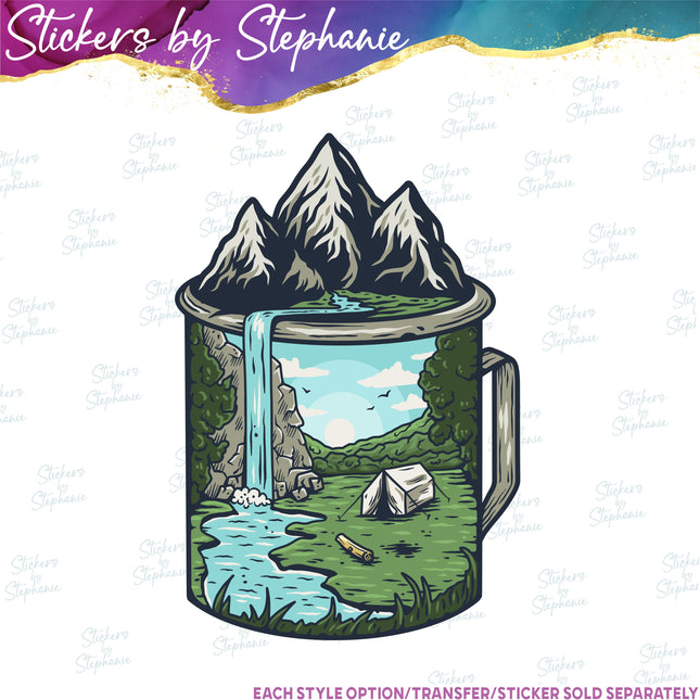 (s02-021) Camp Camping Mug Illustrated Graphic Iron-On Transfer or Sticker