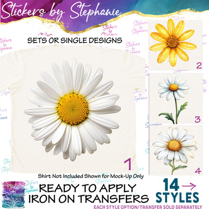 (s02-213) White Yellow Daisy Flower Graphic Iron-On Transfer or Sticker