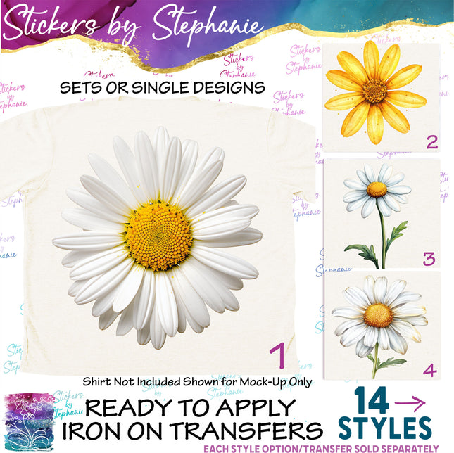 (s02-213) White Yellow Daisy Flower Graphic Iron-On Transfer or Sticker