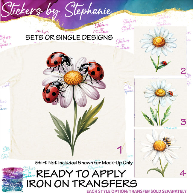 (s02-214) Daisy Flower Daisies Ladybug Bumble Bee Graphic Iron-On Transfer