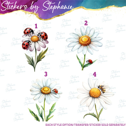 (s02-214) Daisy Flower Daisies Ladybug Bumble Bee Graphic Iron-On Transfer