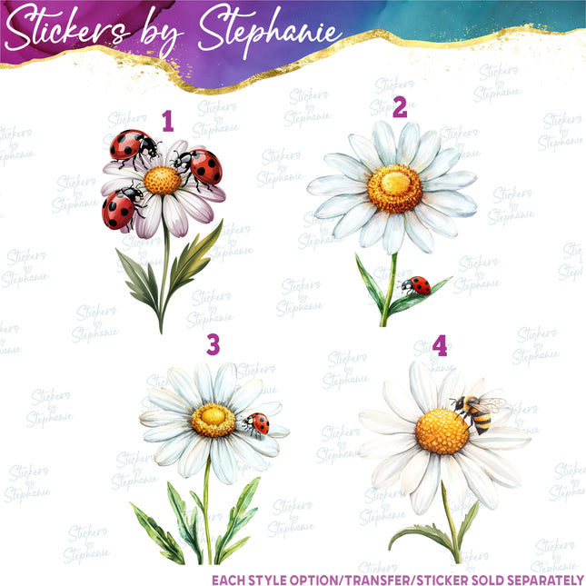 (s02-214) Daisy Flower Daisies Ladybug Bumble Bee Graphic Iron-On Transfer