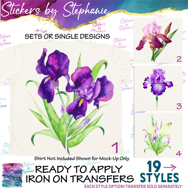(s02-222) Purple Iris Irises Flowers Graphic Iron-On Transfer or Sticker