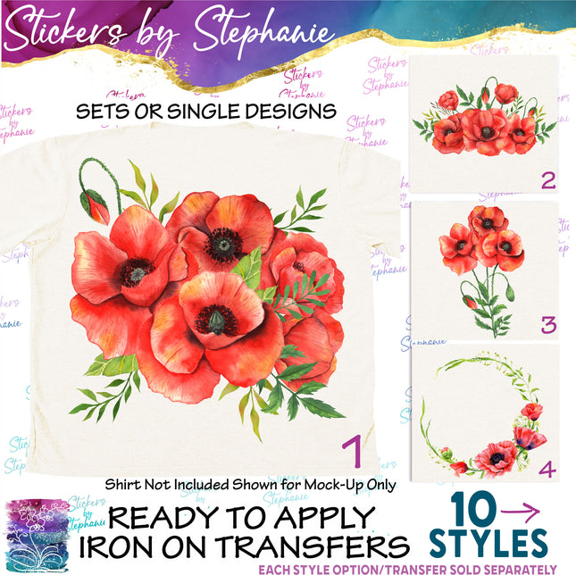 (s02-223) Red Poppy Poppies Flowers Graphic Iron-On Transfer or Sticker