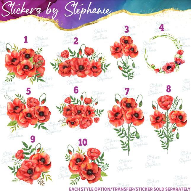 (s02-223) Red Poppy Poppies Flowers Graphic Iron-On Transfer or Sticker