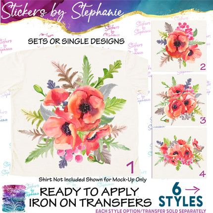 (s02-224) Red Poppies Poppy Flowers Graphic Iron-On Transfer or Sticker
