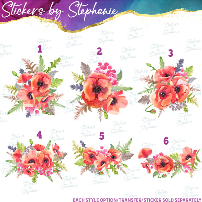 (s02-224) Red Poppies Poppy Flowers Graphic Iron-On Transfer or Sticker