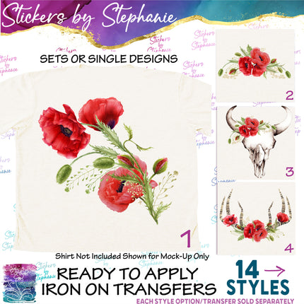 (s02-225) Red Poppies Poppy Flowers Graphic Iron-On Transfer or Sticker