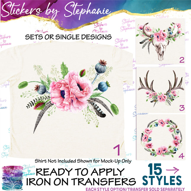 (s02-226) Pink Poppies Poppy Flowers Graphic Iron-On Transfer or Sticker