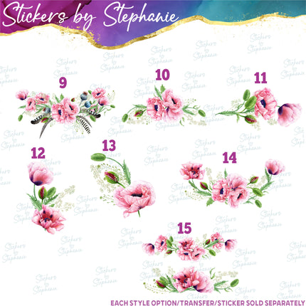 (s02-226) Pink Poppies Poppy Flowers Graphic Iron-On Transfer or Sticker