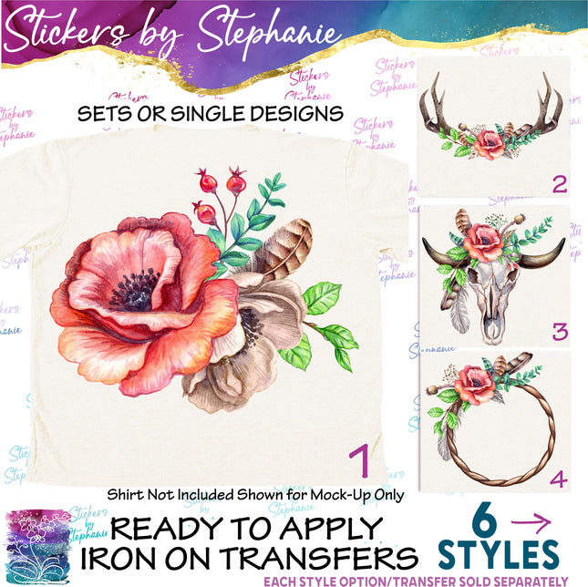 (s02-229) Rustic Poppy Poppies Flowers Graphic Iron-On Transfer or Sticker