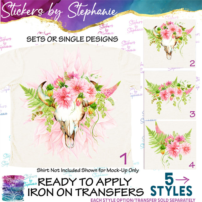 (s02-230) Pink Dahlia Cow Skull Flowers Graphic Iron-On Transfer or Sticker