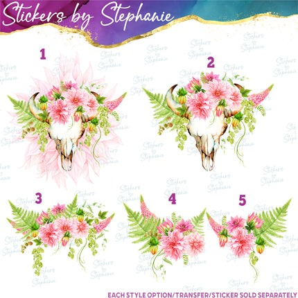 (s02-230) Pink Dahlia Cow Skull Flowers Graphic Iron-On Transfer or Sticker