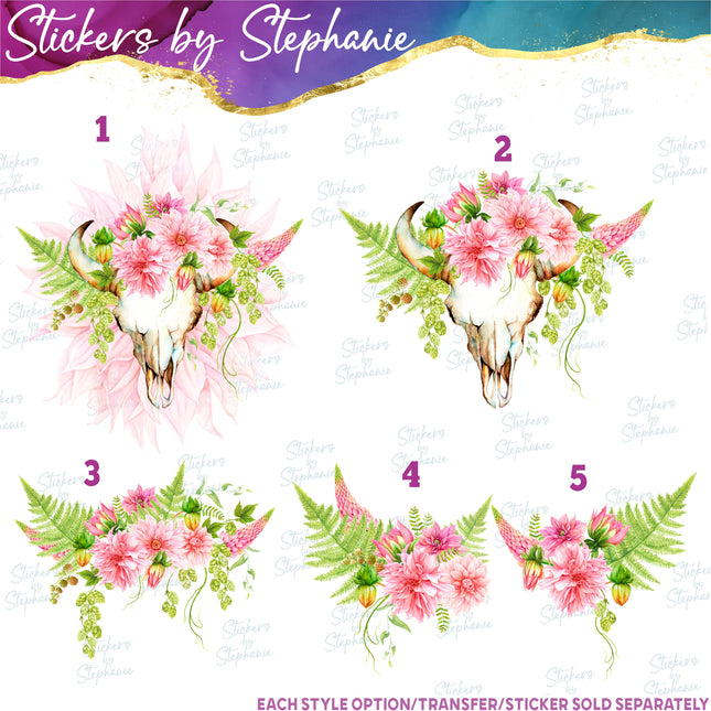 (s02-230) Pink Dahlia Cow Skull Flowers Graphic Iron-On Transfer or Sticker
