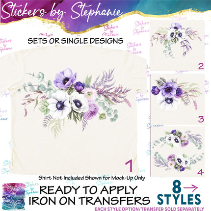 (s02-231) White Purple Anemone Flowers Graphic Iron-On Transfer or Sticker