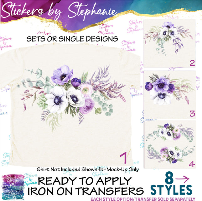 (s02-231) White Purple Anemone Flowers Graphic Iron-On Transfer or Sticker