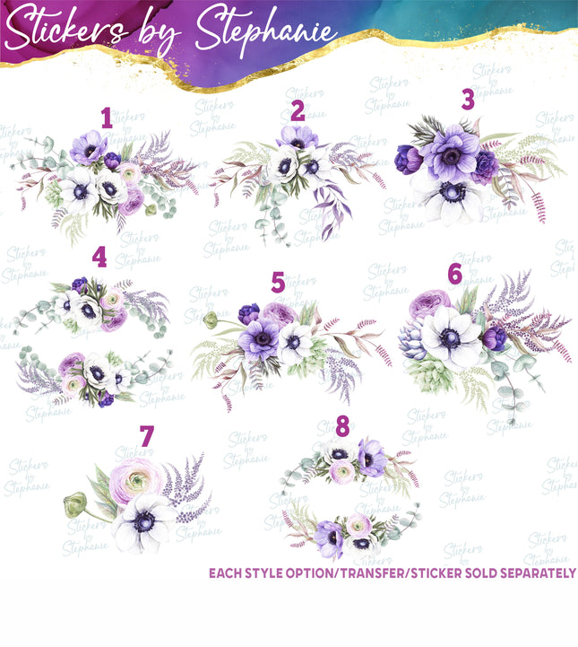 (s02-231) White Purple Anemone Flowers Graphic Iron-On Transfer or Sticker