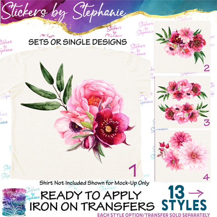 (s02-232) Burgundy Pink Dahlia Flowers Graphic Iron-On Transfer or Sticker
