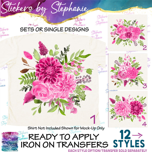 (s02-234) Pink Dahlia Flowers Graphic Iron-On Transfer or Sticker