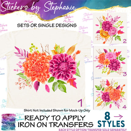 (s02-235) Autumn Fall Dahlia Flowers Graphic Iron-On Transfer or Sticker