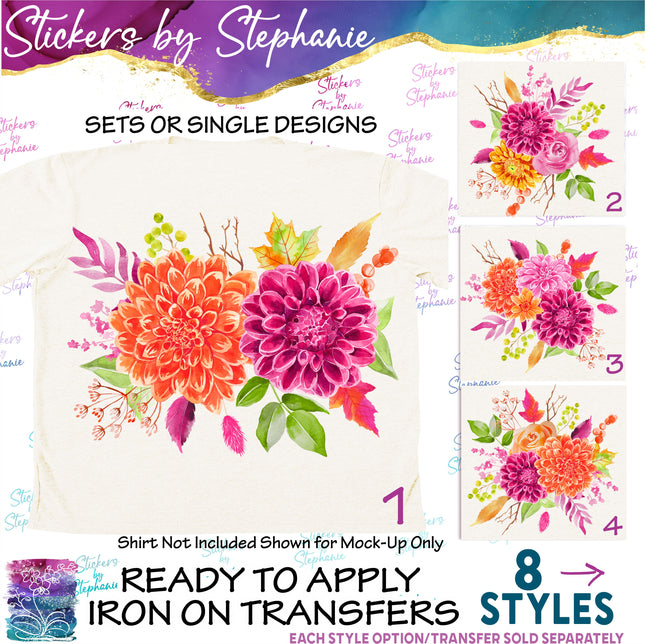 (s02-235) Autumn Fall Dahlia Flowers Graphic Iron-On Transfer or Sticker