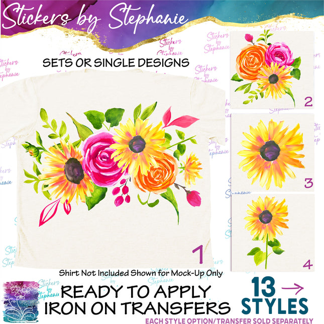 (s02-236) Sunflowers Dahlias Roses Graphic Iron-On Transfer or Sticker