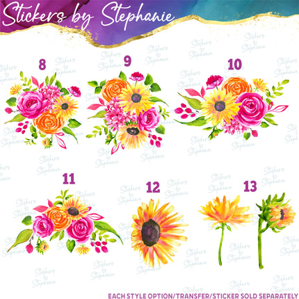 (s02-236) Sunflowers Dahlias Roses Graphic Iron-On Transfer or Sticker