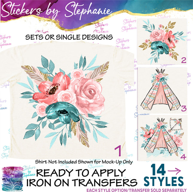 (s02-238) Teal Coral Flowers Graphic Iron-On Transfer or Sticker