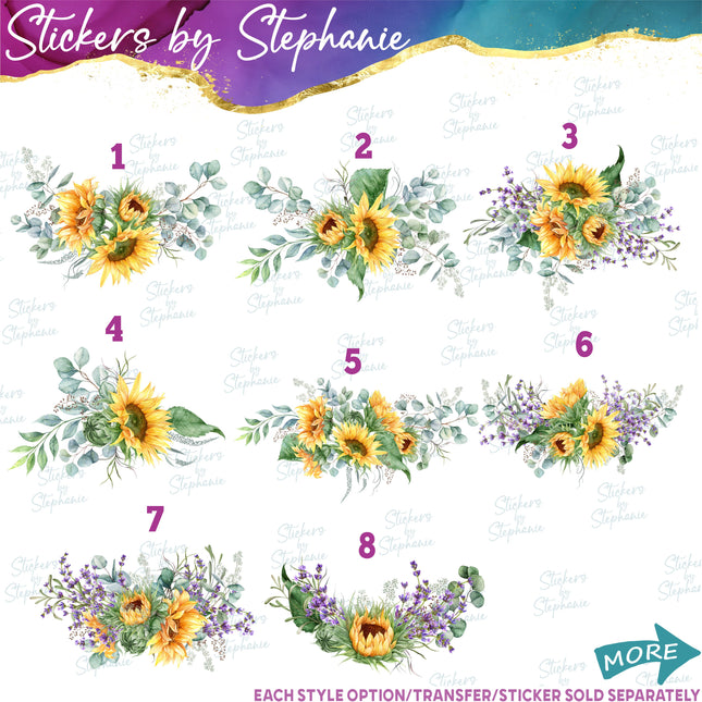 (s02-239) Lavender Sunflowers Eucalyptus Graphic Iron-On Transfer or Sticker