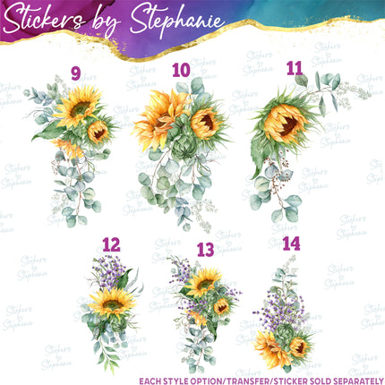 (s02-239) Lavender Sunflowers Eucalyptus Graphic Iron-On Transfer or Sticker