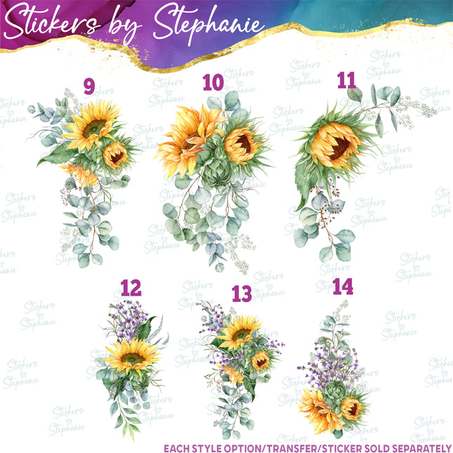 (s02-239) Lavender Sunflowers Eucalyptus Graphic Iron-On Transfer or Sticker