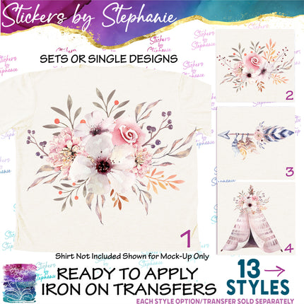 (s02-240) Pastel Pink White Boho Flowers Graphic Iron-On Transfer or Sticker