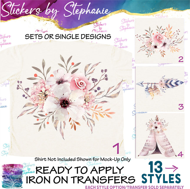 (s02-240) Pastel Pink White Boho Flowers Graphic Iron-On Transfer or Sticker