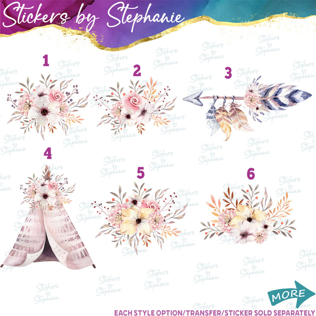 (s02-240) Pastel Pink White Boho Flowers Graphic Iron-On Transfer or Sticker