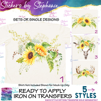 (s02-241) Sunflowers Cow Skull Antlers Graphic Iron-On Transfer or Sticker
